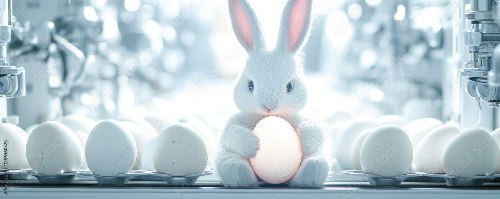 Poster a white rabbit is holding an egg in its mouth. the image is of a factory floor with many eggs in a r