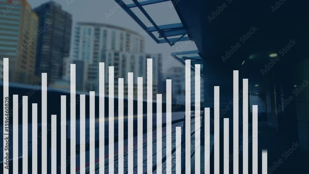 Poster bar graph animation over urban cityscape with modern buildings and structures