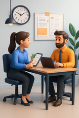 3D Business Meeting Illustration with Man and Woman in Office Setting