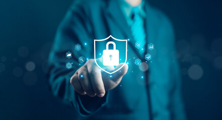 Businessman showing concept of online password privacy on internet. Data security from crime scene....