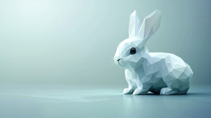 A white rabbit is sitting on a grey surface. The rabbit is the main focus of the image, and it is looking at the camera. The grey background creates a calm and serene atmosphere