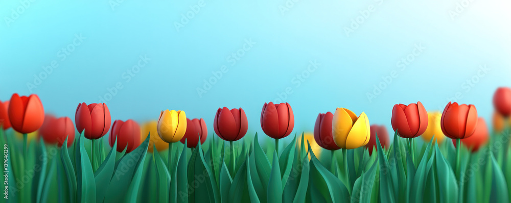 Poster a field of red and yellow tulips with a blue sky in the background. the flowers are arranged in a ro