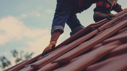 A roofer installing roof tiles on a steep roof. Featuring skill and balance