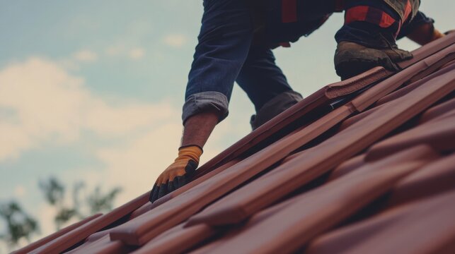 A roofer installing roof tiles on a steep roof. Featuring skill and balance