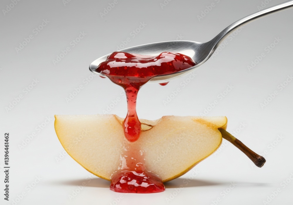 Poster a spoon pouring red jam onto a slice of pear with a white background in a studio setting close up vi