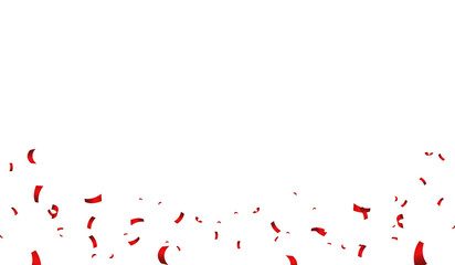 Bright red glitter confetti, ribbons falling on a white background. Festive serpentine decorations scattered on the floor, perfect for New Year, birthdays, or Valentine's Day celebrations.