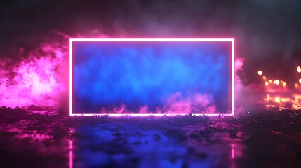 Neon Pink and Rich Blue Glowing Rectangular Frame with Smoke