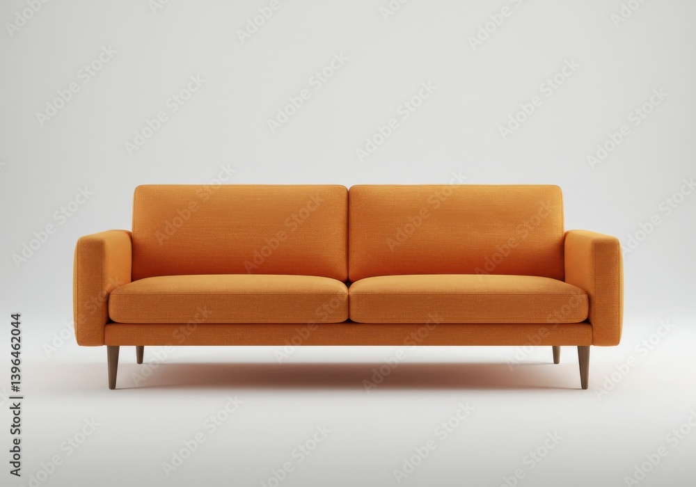 Poster a vibrant orange sofa sits centered against a plain white backdrop in a studio setting shot frontall
