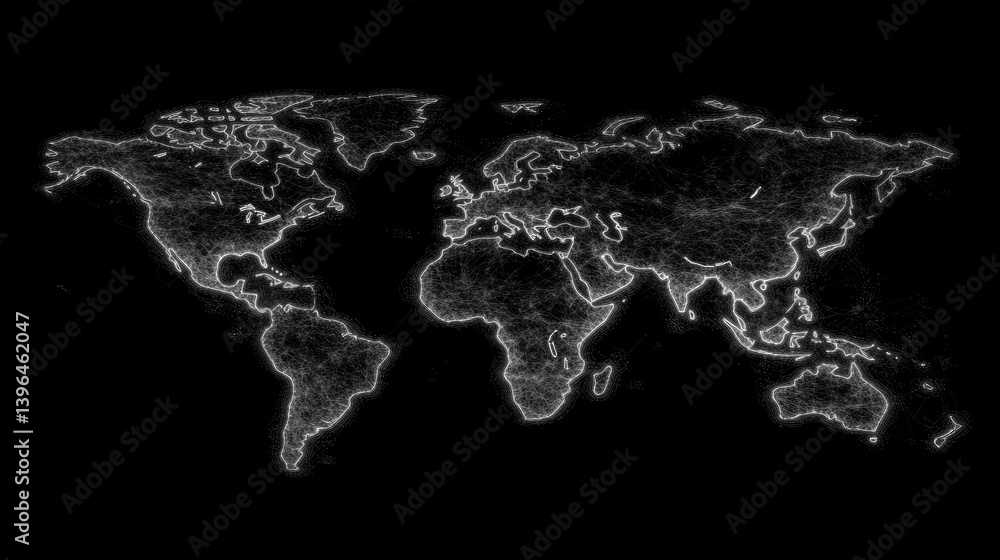 Poster abstract map of the world created from dots and lines emphasizing digital globalization
