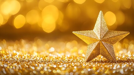 Glittering Golden Star Decor with Bokeh Lights in Background