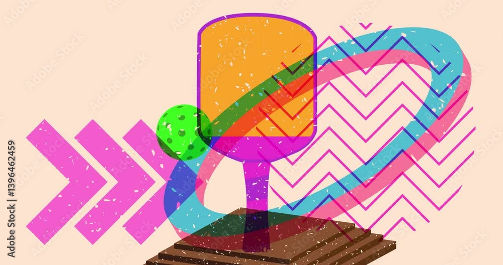 Poster risograph pickleball with geometric shapes animation. moving object in trendy riso graph design vide