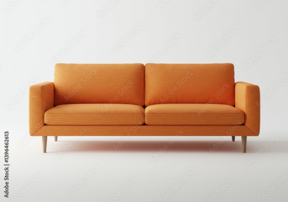 Poster a vibrant orange sofa with a minimalist design against a plain white backdrop in a studio setting
