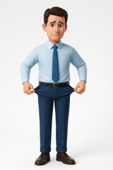 3D Illustration of a Sad Businessman with Empty Pockets &ndash; Financial Crisis Concept