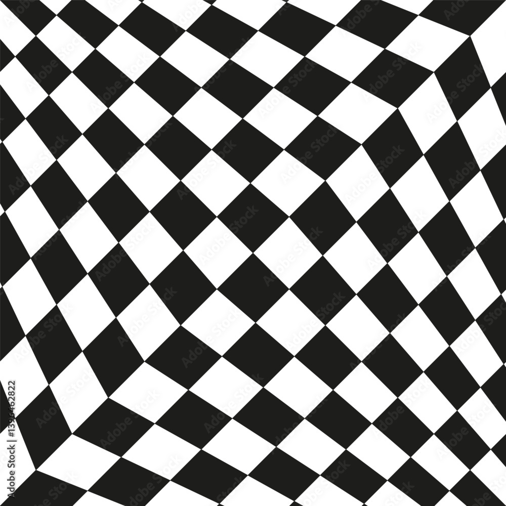 Poster warped grid vector. tilted check pattern. perspective distortion shape. black white background