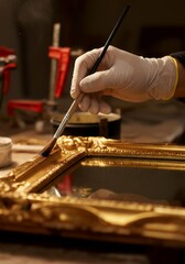 Fototapeta premium Craftsman carefully applies gold leaf to a vintage mirror frame, meticulously restoring its ornate beauty in a traditional workshop environment