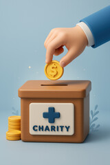 3D Illustration of Hand Donating Coin to Charity Box
