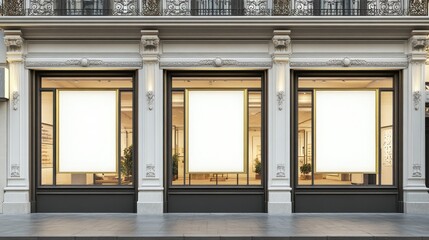 Obraz premium Blank rectangular signage on clean facade of boutique-style shop with decorative tiles