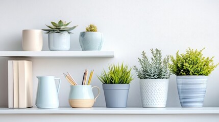 Fototapeta premium Bright desk space with pastel accessories, stationery items, and clean backdrop