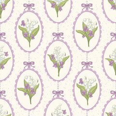 Vintage lily of the valley, violets medallion vector seamless pattern, oval scalloped cameo frames with bows and ribbon. Classic Victorian-inspired delicate botanical floral print for cottage textile
