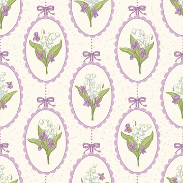 Vintage lily of the valley, violets medallion vector seamless pattern, oval scalloped cameo frames with bows and ribbon. Classic Victorian-inspired delicate botanical floral print for cottage textile