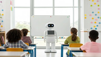 A robot teacher interacts with students in a modern classroom setting.