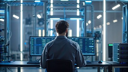 A person working on a computer in a high-tech data center with illuminated surroundings.