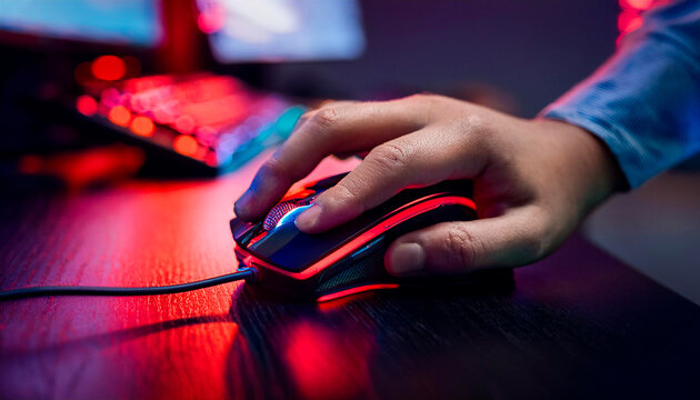 computer mouse in hand with red and blue ambient light on dark room gaming concept background