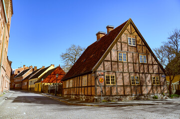 A street with old buildings in the downtown of Lund, Sweden, Skane, april 2025