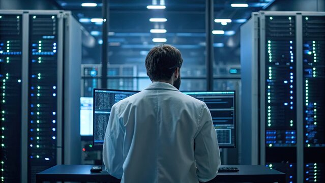 A person in a lab coat analyzes data in a high-tech server room.