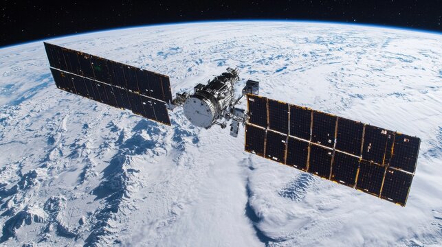 Satellite Orbiting Earth with Solar Panels and Planetary Background