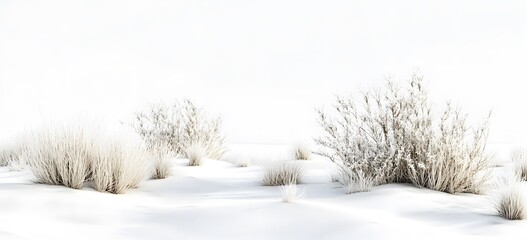 Obraz premium 3D rendering of a white desert landscape, with dry grasses and small bushes growing on the ground, against a pure white background
