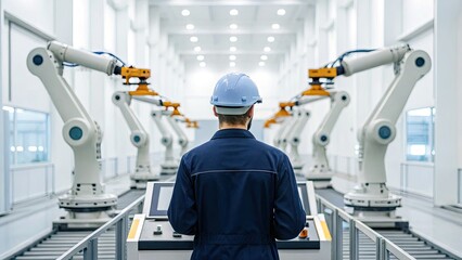 A worker oversees robotic arms in a modern automated manufacturing facility.