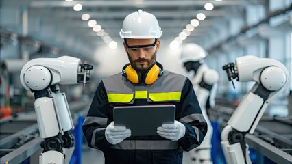 A worker in safety gear monitors robotic arms in a high-tech manufacturing environment.