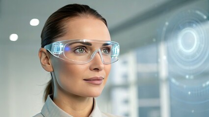 A woman wearing smart glasses interacts with digital technology in a modern environment.