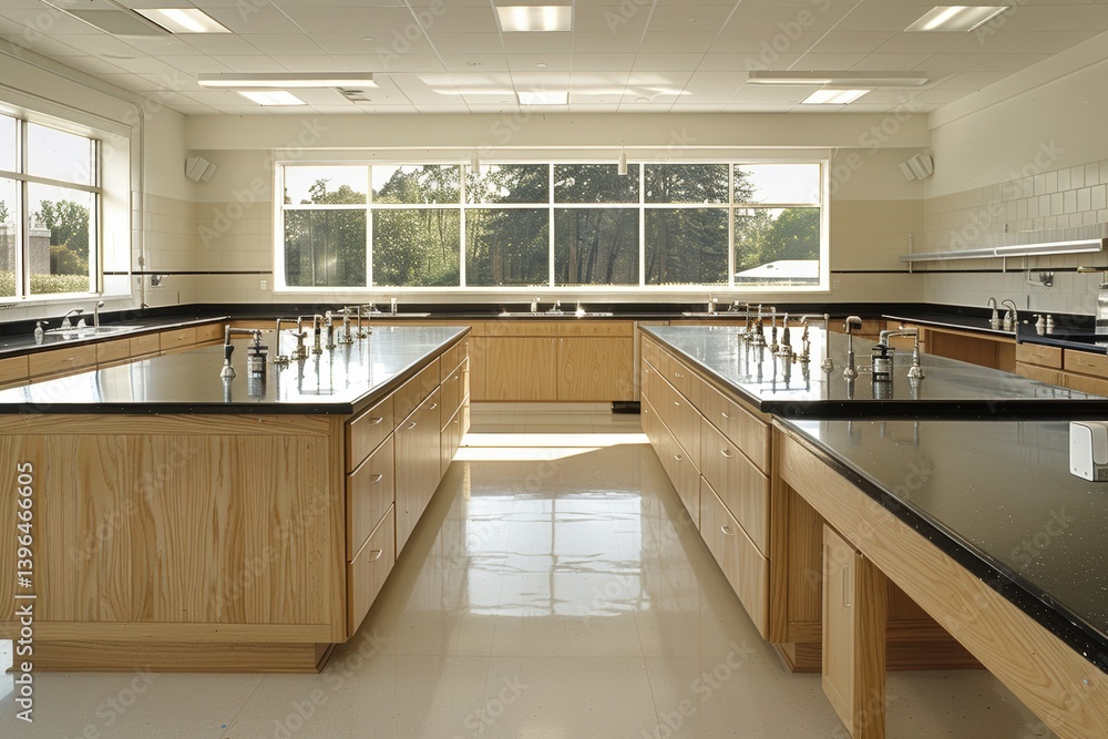 Poster modern laboratory with multiple workstations and large windows.