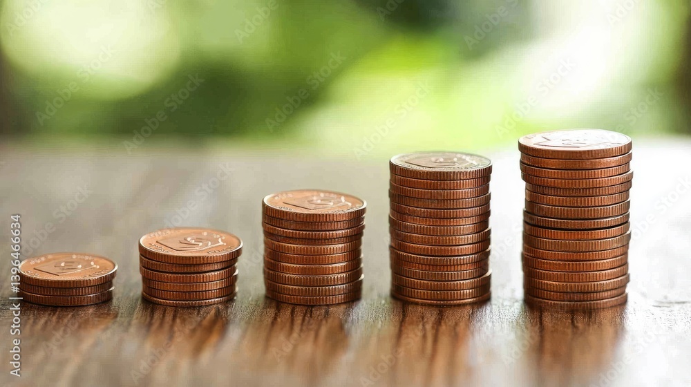 Aufkleber coins rolling into a rising stack with blurred financial graphs in background
