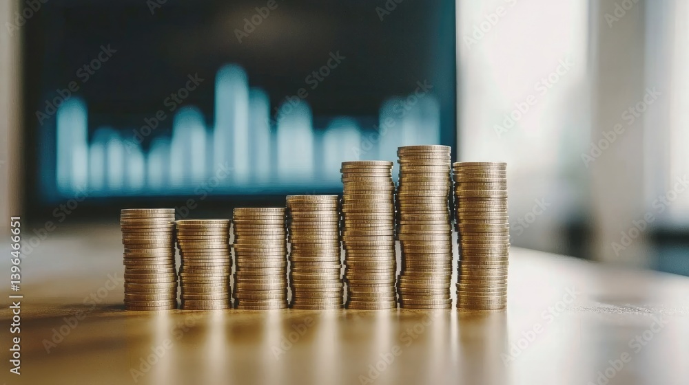 Poster coins rolling into a rising stack with blurred financial graphs in background