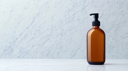 Obraz premium Amber glass bottle with pump on marble countertop, minimalist design with soft lighting
