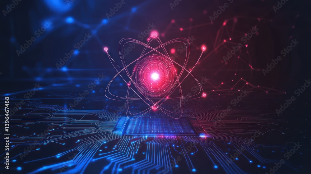 Poster quantum computing: abstract representation of an atom integrated on a circuit board