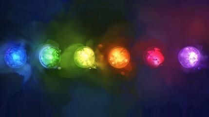 Floating colorful orbs glowing auras and depth blur suitable for childrens education visuals or futuristic fantasy