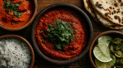 Indian curry platter with naan bread, pickled vegetables and rice