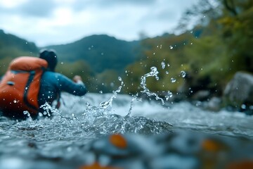 Fototapeta premium Backpacker River Crossing Cinematic Shot