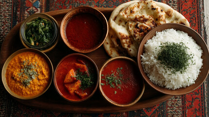 Indian curry platter with naan bread, pickled vegetables and rice