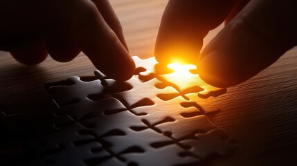 Close-up of hands assembling a puzzle piece with warm lighting on a wooden surface