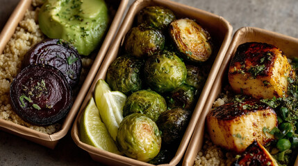 roasted vegetables, brussels sprouts, beets, fish