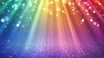 Vibrant rays of rainbow light shine down, creating a magical atmosphere filled with colorful sparkles.