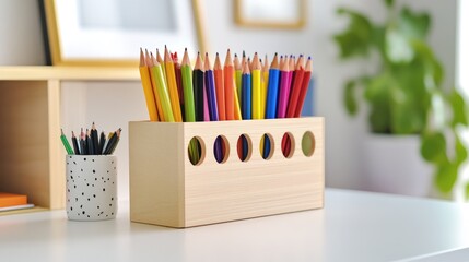 Fototapeta premium Creative office space with sketchbooks, highlighters, and desk organizer on white table