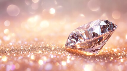 Fototapeta premium A sparkling diamond captures the light, resting on a bed of shimmering glitter to evoke luxury and elegance.