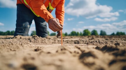 A surveyor marking boundaries with a stake on a construction site. Featuring accuracy and precision