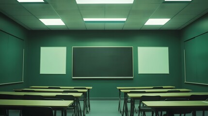 Empty classroom with desks chalkboard and whiteboards in green and brown tones.